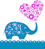 μπλε σχέδιο ενός ελέφαντα που έχει μια ροζ καρδιά στην άκρη της προβοσκίδας του