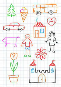 παιδικη ζωγραφια με ανθρωπάκια, λεωφορείο, κάστρο, λουλούδι, γλάστρα